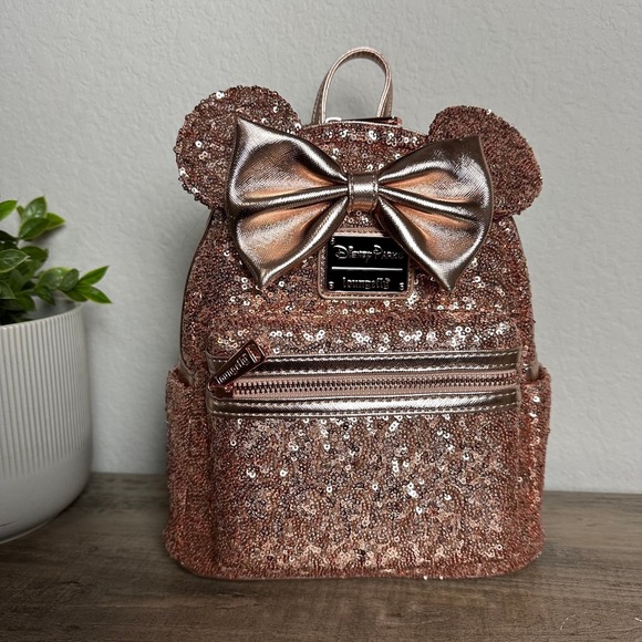 Loungefly Mini Backpack Disney Parks Exclusive Rose Gold Sequin Mini Backpack - Picture 1 of 6